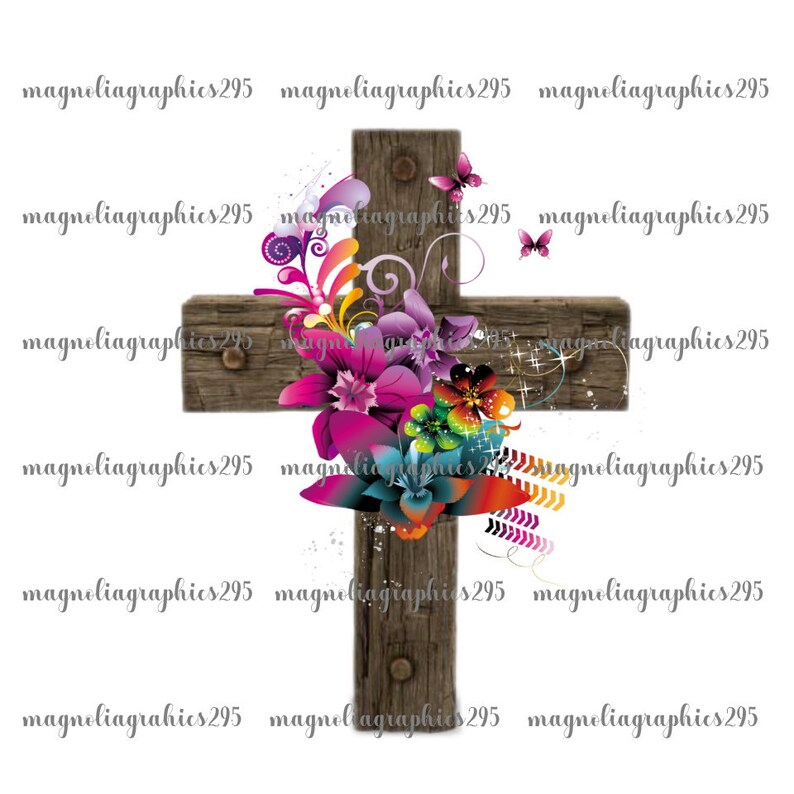 May include: A wooden cross with a distressed finish, adorned with vibrant, colorful flowers in shades of pink, purple, and blue. Two pink butterflies and decorative swirls add to the design. The text "magnoliagraphics295" is repeated around the cross.