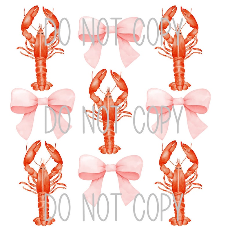 May include: A digital illustration of six red lobsters with pink bows. The lobsters are facing forward with their claws raised. The bows are tied around the lobsters' tails.