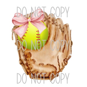 May include: A yellow softball with red stitching is in a brown leather baseball glove. A pink bow is tied around the softball.