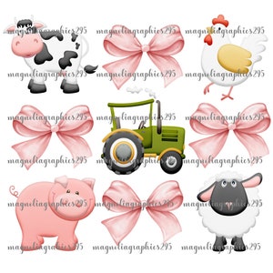 Farm Bow Coquette Sublimation Design, Tractor Sublimation Design, Animal PNG Design, Cow, Rooster, Tractor, Pig and Sheep PNG Design