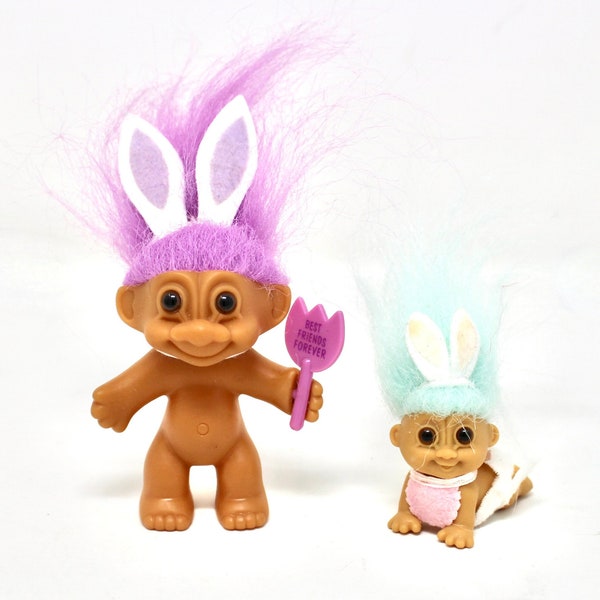 Vintage Easter Trolls, Set of 2,  Kids Troll Easter Basket Stuffer, Easter Bunny Troll Doll, Troll Bunny Outfit, Purple Aqua Hair Troll