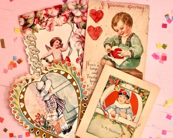 Antique Victorian Valentines Day Card Set of 4, Vintage 1900s Die Cut Paper Cherub Flowers Valentines Decor, Retro Valentine Craft Supplies