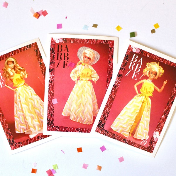 Pretty Changes Barbie Fashion Trading Card Set of 3, Vintage Yellow Superstar Era Barbie Fashion Cards