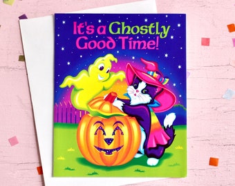 Invitación vintage de Halloween de Lisa Frank / Tarjeta de bruja, gato y fantasma de los años 90 / Invitación para fiesta embrujada (sin usar)