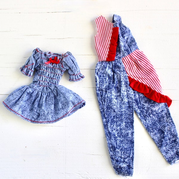 90s Barbie Doll Clothes, Vintage Red White Blue Jeans Barbie and Skipper Dress and Jumpsuit Fashions