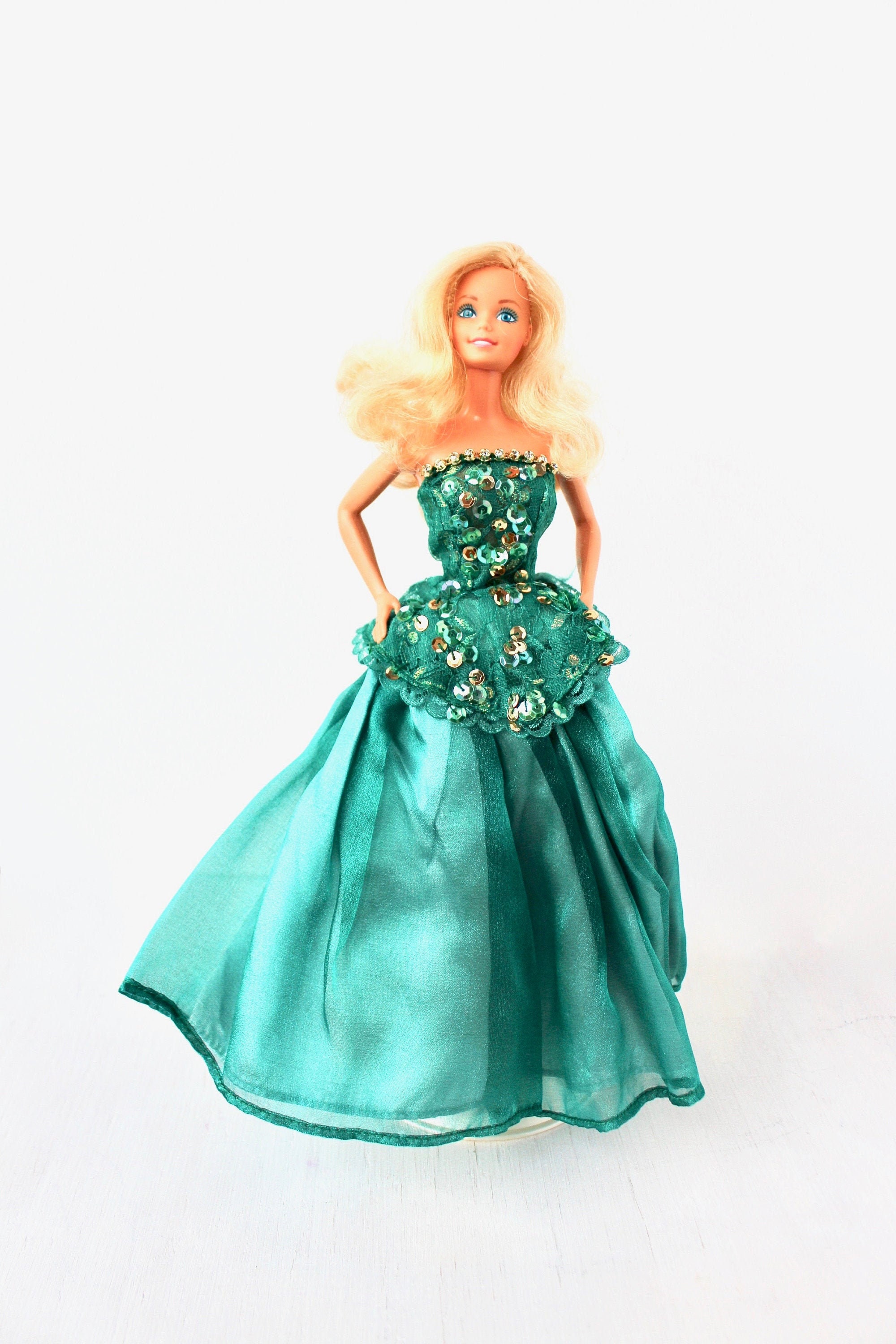 90s Forest Green Barbie Evening Gown- Vintage Barbie Clothes- Fancy Sequin  Beaded Barbie Outfit