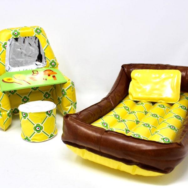 70s Inflatable Barbie Furniture Set, Green Brown Yellow Blow Up Barbie Vanity Stool Bed and Pillow