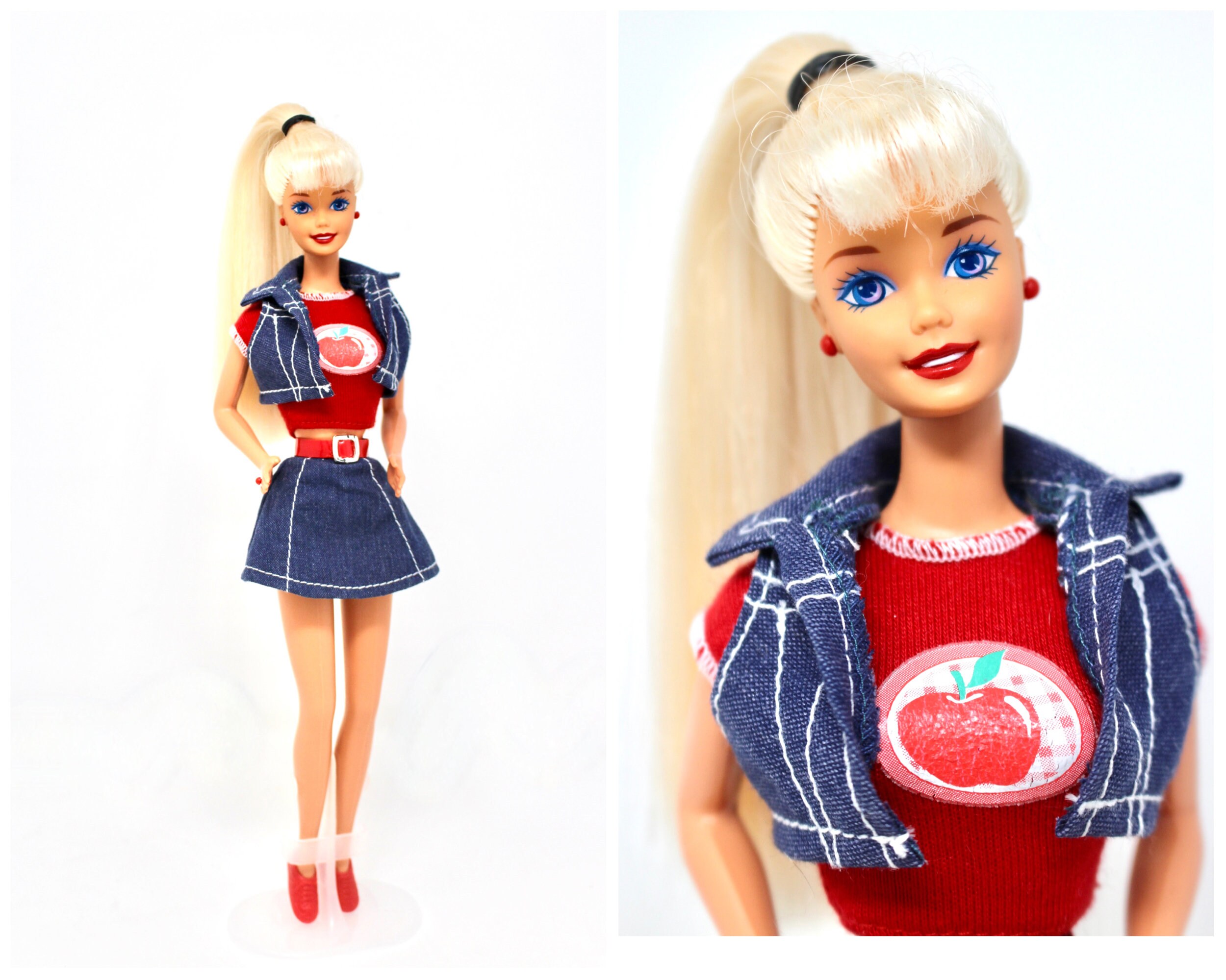 1996 Back to School Barbie Doll With Jean Denim Fashion With Apple