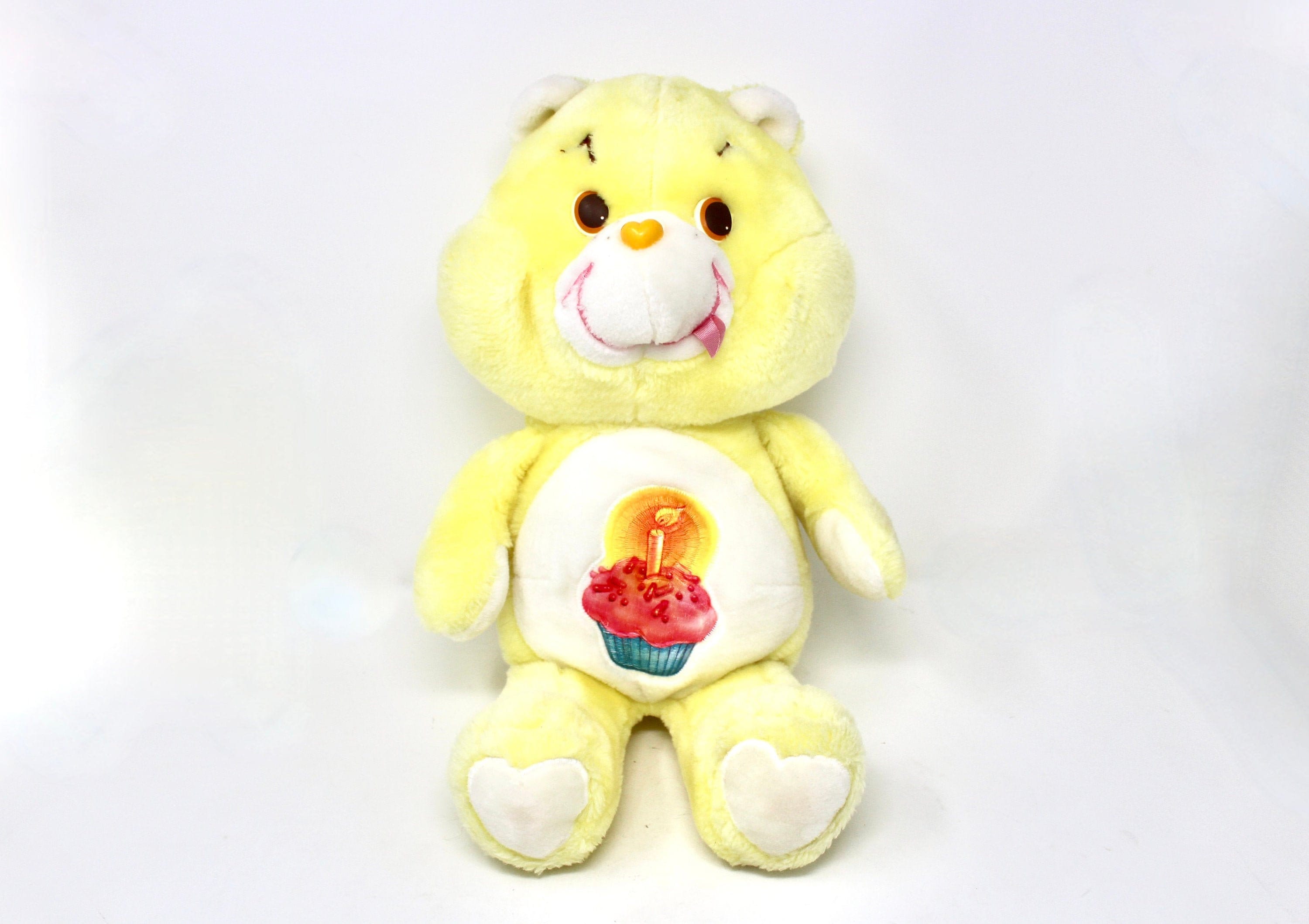 2002 Care Bear 10 Birthday Bear Plush Play Along Yellow with Cupcake