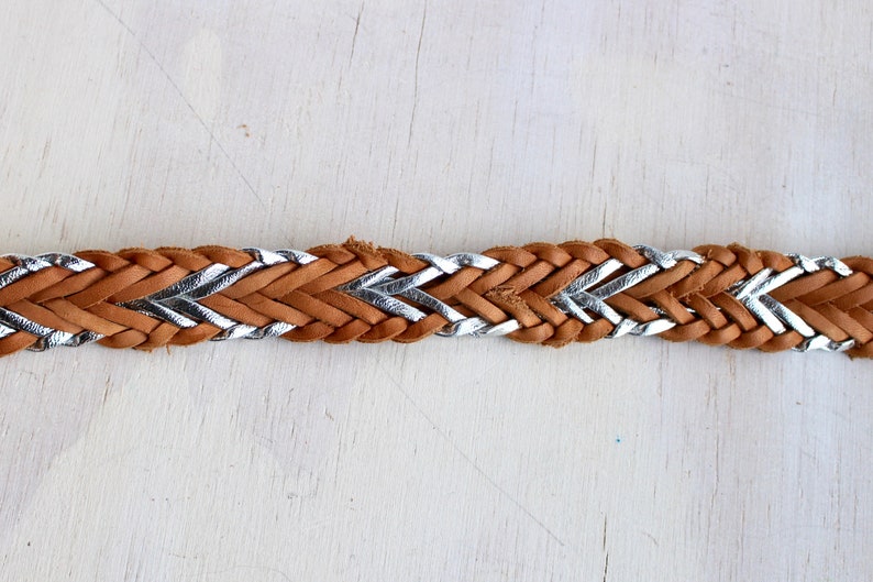 80s 90s Western Style Fashion Belt with Silver Metallic Accents Vintage Boho Tan and Silver Leather Braided Belt with Buckle
