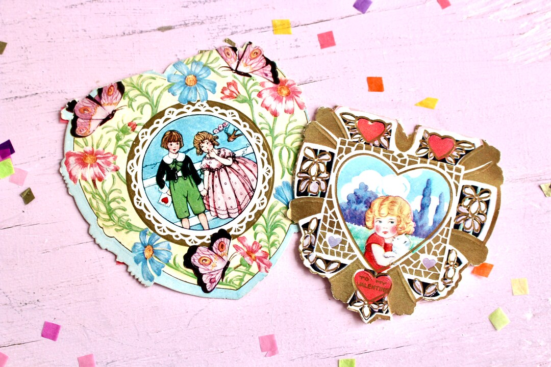 Antique Die Cut Valentines Cards, Set of 2, Vintage Floral Ornate Kids
