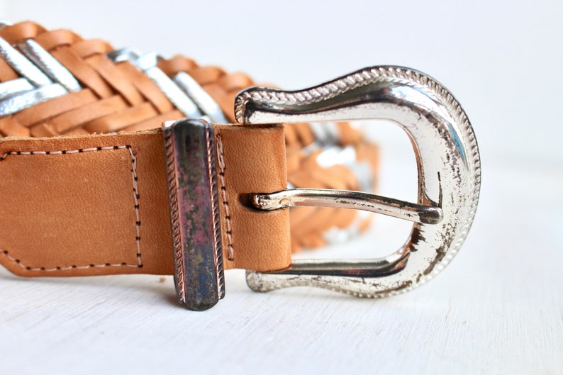80s 90s Western Style Fashion Belt with Silver Metallic Accents Vintage Boho Tan and Silver Leather Braided Belt with Buckle