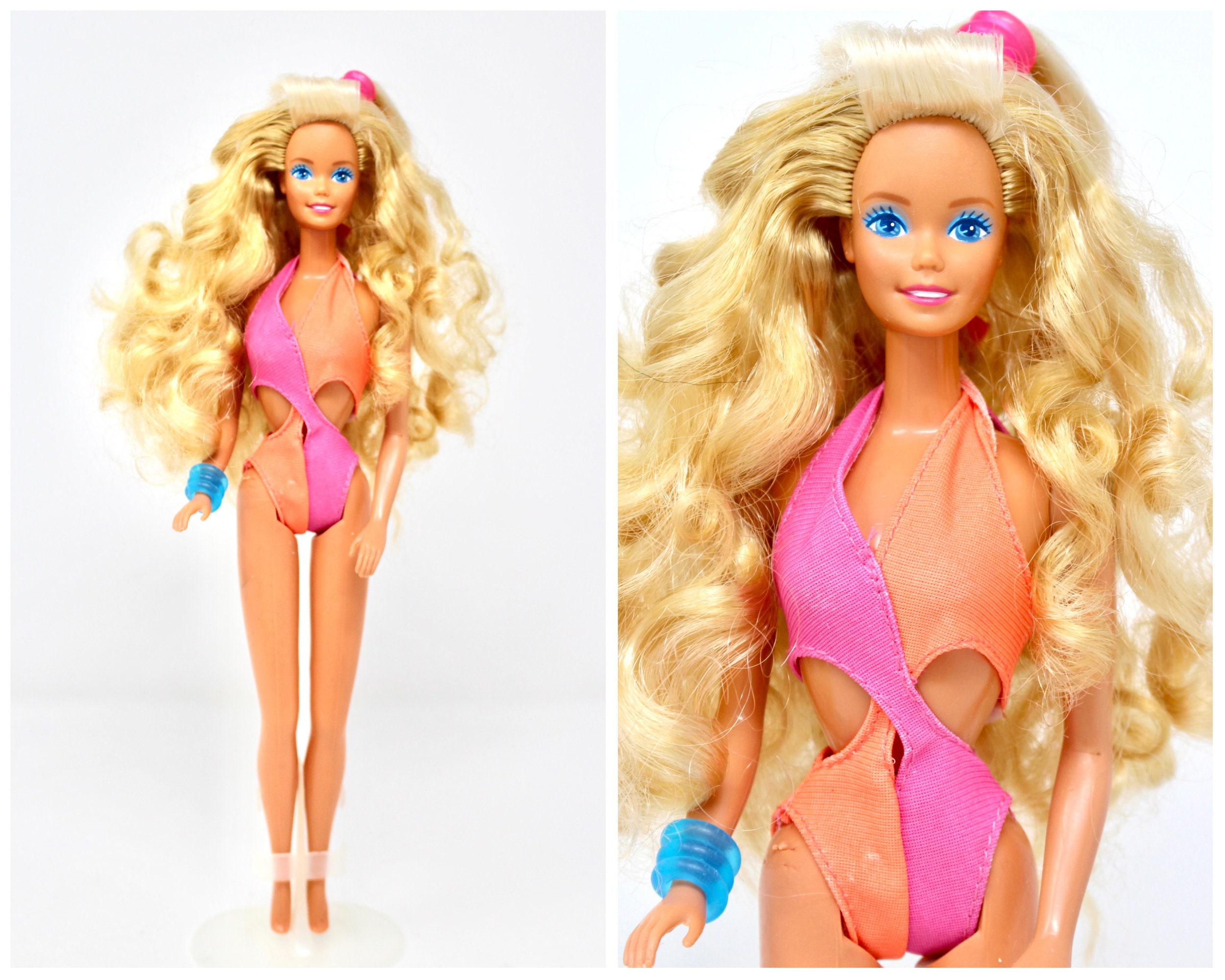 Wet N Wild Barbie Doll, Vintage 80s Beach Barbie, Pink Orange
