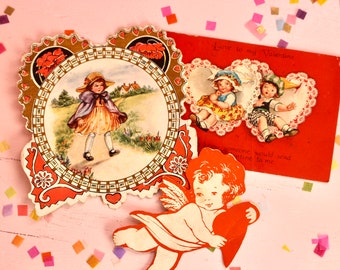 Antike viktorianische Valentinstagskarte 3er Set, Vintage 1900er Jahre gestanzte Engel Blumen Valentines Dekor, Retro Valentine Bastelbedarf