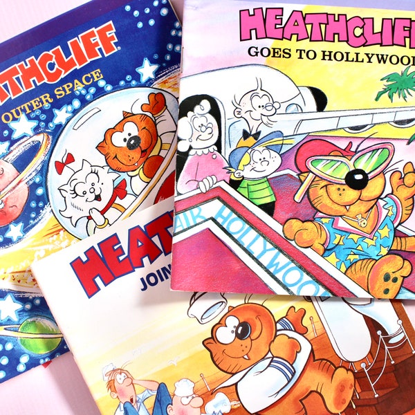 Heathcliff Kids Softcover Books, Choose Your Own, In Outer Space, Goes to Hollywood, Joins the Navy, Vintage 80s Heathcliff Cat Story Book