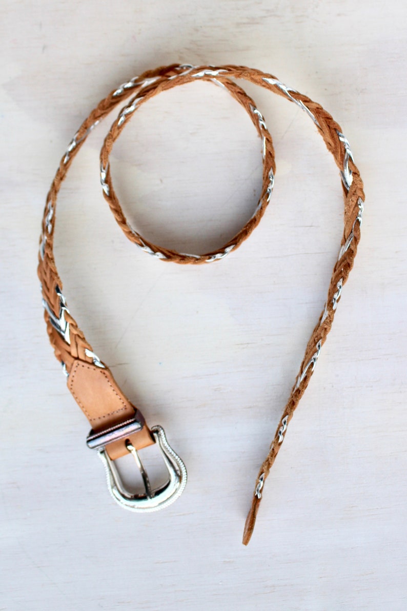 80s 90s Western Style Fashion Belt with Silver Metallic Accents Vintage Boho Tan and Silver Leather Braided Belt with Buckle
