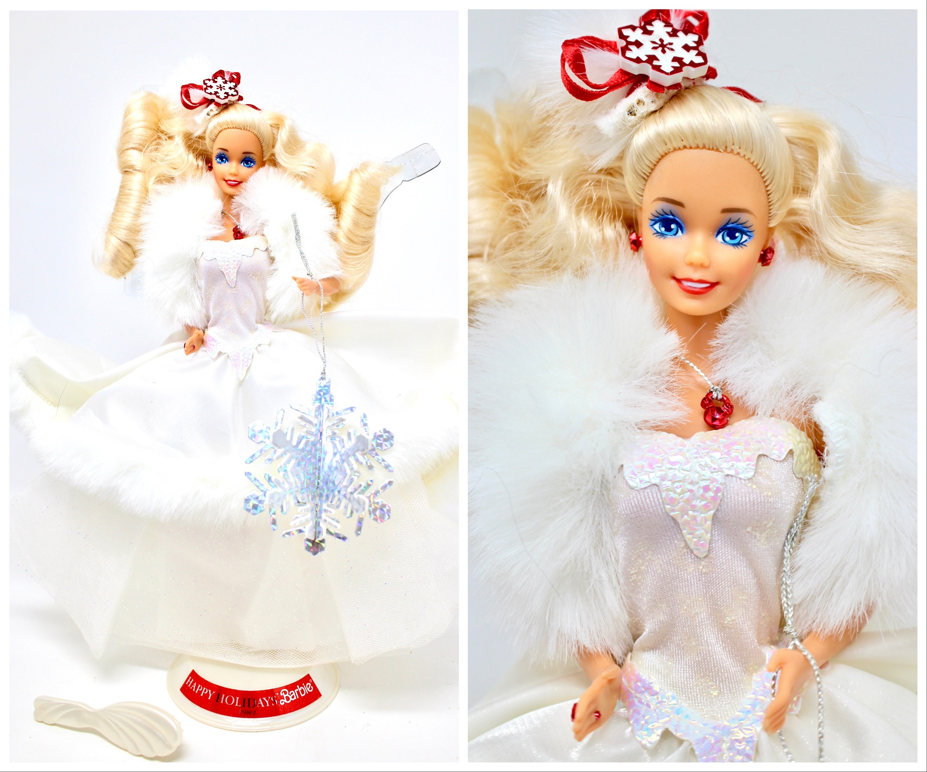 1989 Happy Holidays Barbie Doll 80s Special Edition Christmas Barbie White Fur Red Jewelry Barbie Holiday Gown Retro Barbie Holiday Gift