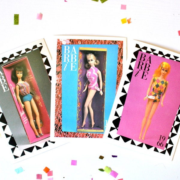 60s Mod Barbie Fashion Trading Card Set of 3, Twist Barbie Color Magic Bendable Leg Fashion Cards