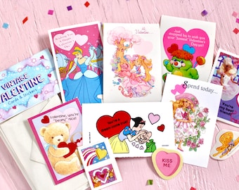 80s Girl Nostalgia Valentine Card Pack, 80s 90s Mystery Cards and Sticker Set, Lady Lovely Locks Barbie Disney Popples Peppermint Rose Cards