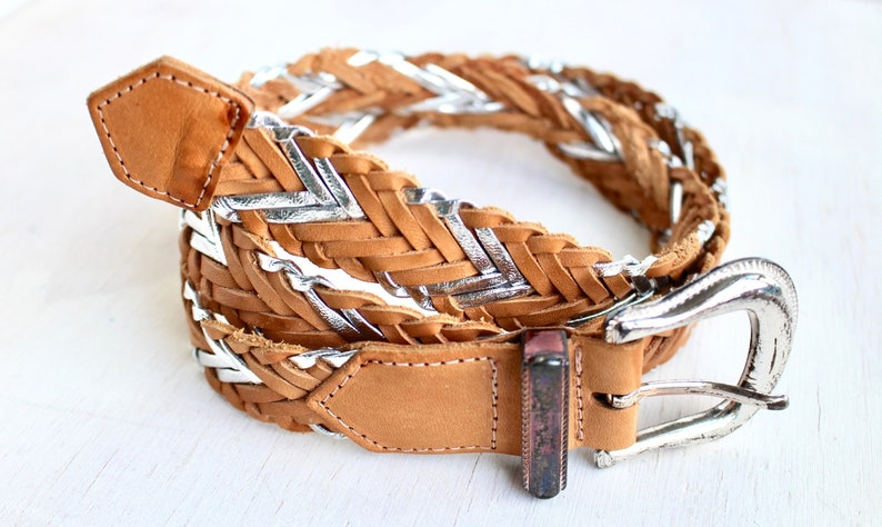 80s 90s Western Style Fashion Belt with Silver Metallic Accents Vintage Boho Tan and Silver Leather Braided Belt with Buckle