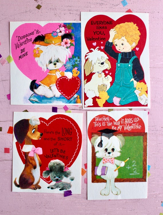 Puppy Dog Valentine Card Set of 4, Vintage 80s Retro Dog Classroom