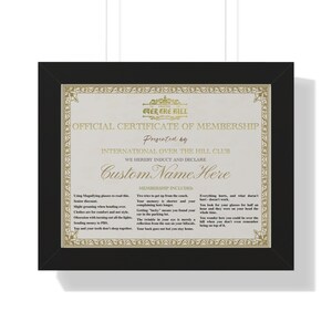 Over the Hill Humorous Membership Certificate Poster, Custom Name Birthday Gift, Fun Over the Hill Décor Wall Art