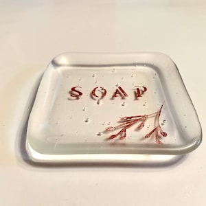 Piatto di sapone quadrato trasparente trasparente in vetro fuso con fiori dipinti a mano, barca a vela, vassoio per piccoli oggetti, vassoio per snack piccolo