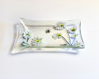 Fused Glass Tray, Hand Painted Daisy Flowers, Snack Tray, Unique Design, Good for All Occasions