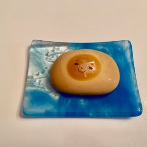 Light Blue Transparent Fused Glass Soap Dish - Engraved Fish Or Flowers