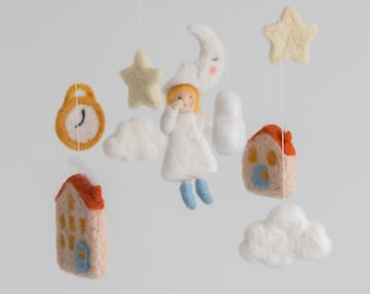 Wee Willie Winkie Felt Baby Mobile,Moon,Sleepy Moon and Stars,Houses,Needle Felted Baby mobile,mobile,crib,Nursery,Felt,Handmade