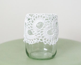 Crochet candle holder, tea light holder, wedding decor, candle holders, white candle holder, glass candle holder, white home decor, candles