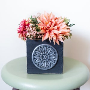 Flower arrangement in a wooden container, farmhouse decor, table centerpiece, gray home decor, flower gift, wedding decor, orange bouquet