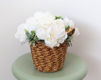 Floral arrangement in basket, white home decor. farmhouse decor, white flowers, table centerpiece, floral gift, bouquet, wedding decor