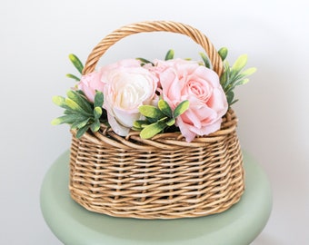 Flower arrangement in basket, table centerpiece, pink roses, wedding decor, floral gift, pink home decor, vintage basket, bouquet