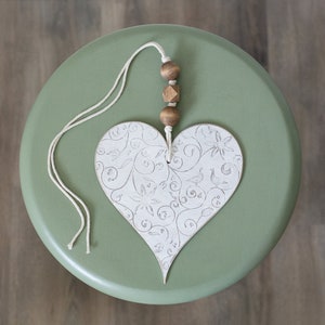White wooden hanging heart, heart decor, heart sign, farmhouse decor, boho wedding decor, white home decor, window decor, gift for home