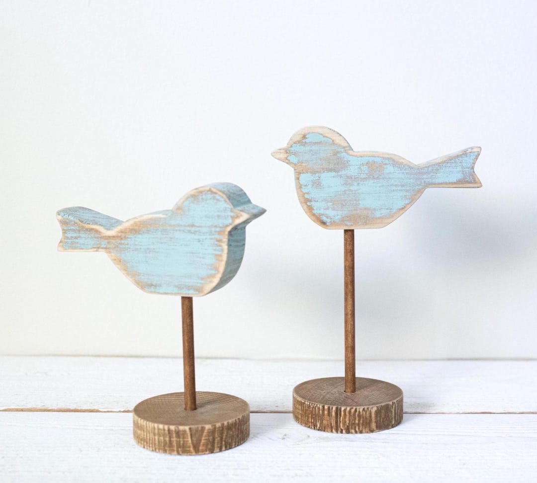 Wooden Distressed Bird Figurines Set of 2, Farmhouse Bird Decor, Bird ...