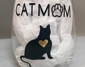 Cat Mom Stemless Wine Glass 20 oz. custom made