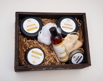 Home Spa Set in Keepsake Wooden Crate | Gift Set | Care Package | Box | Organic | Bath and Body | Pampering