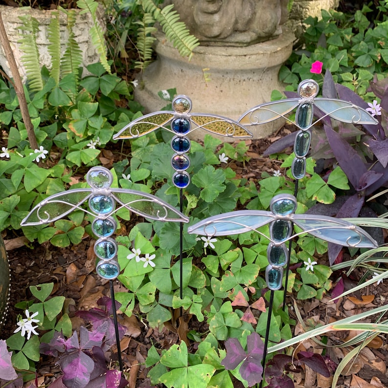 Dragonfly Stained Glass Garden Stakes Garden Art Glass Etsy