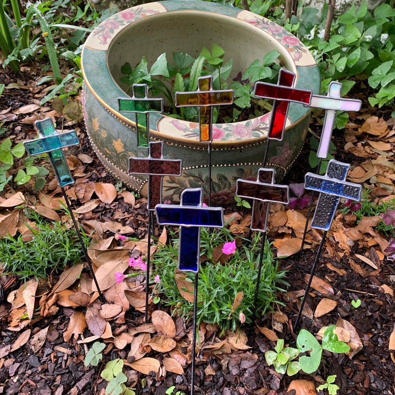 Stained Glass Cross Garden Stakes Garden Art Glass Garden Etsy UK
