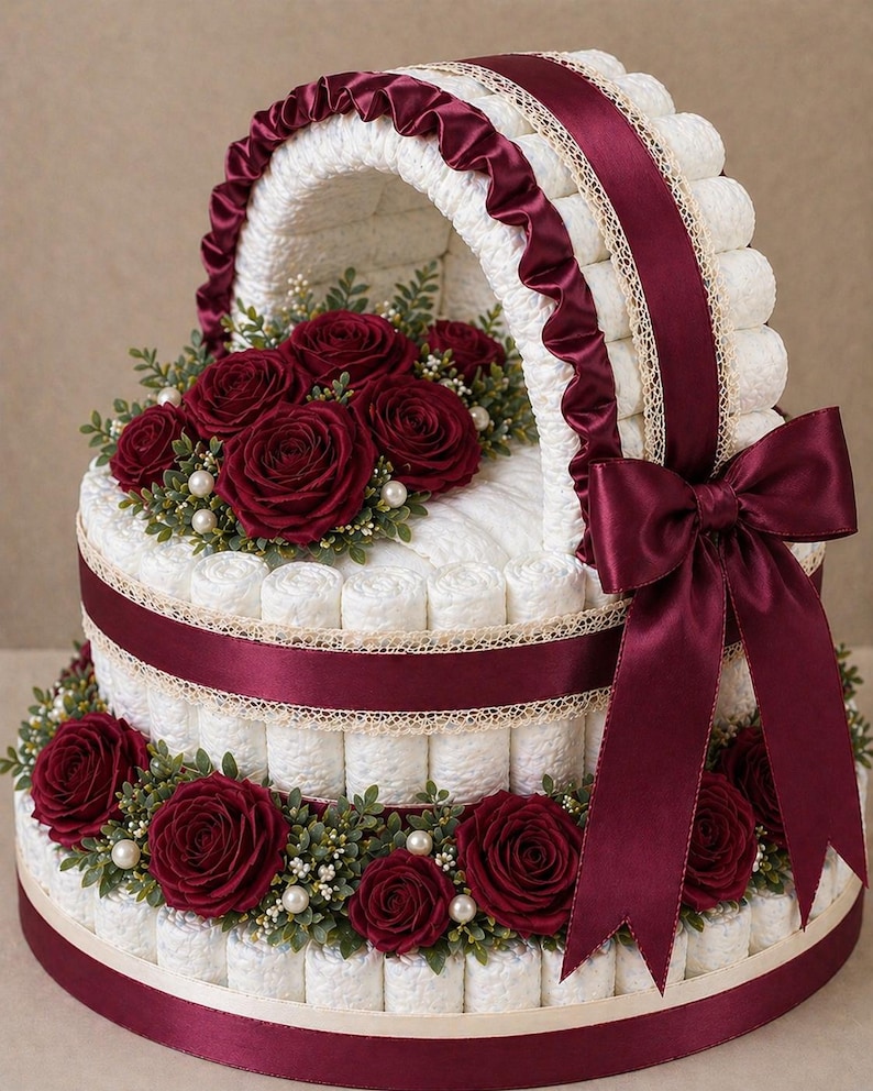 Luxury Diaper Cake Bassinet | Handmade Satin Roses | Baby Shower Gift ...