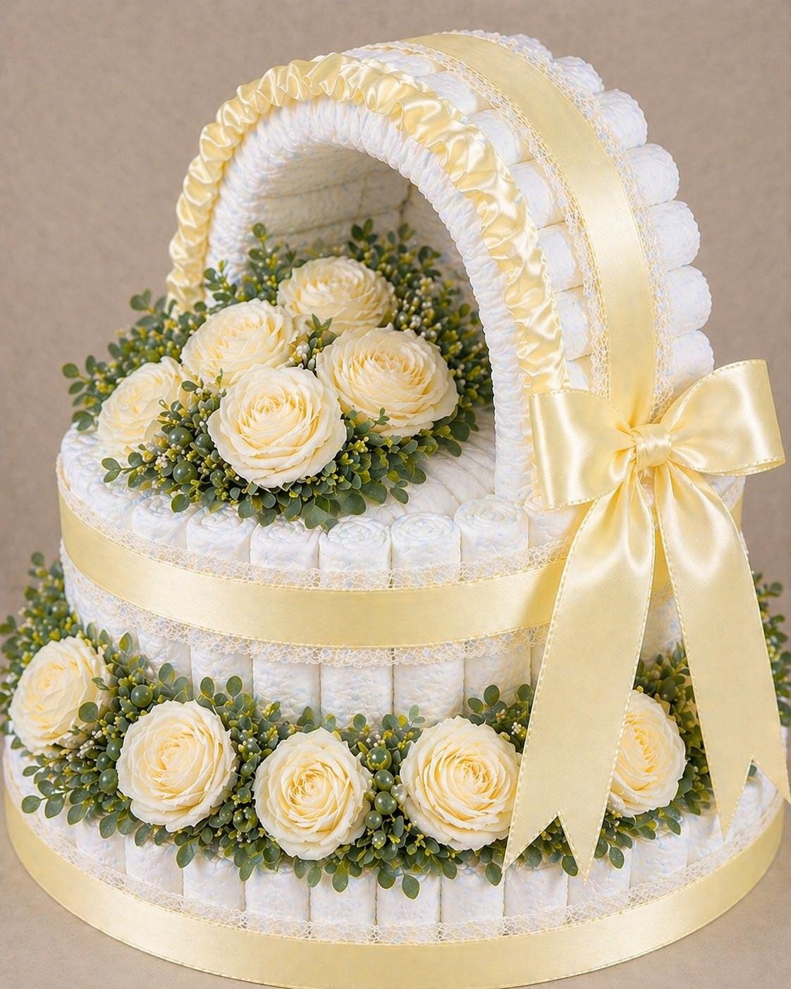 Luxury Diaper Cake Bassinet | Handmade Satin Roses | Baby Shower Gift ...