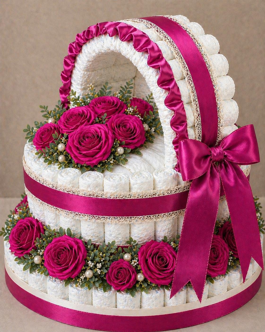 Luxury Diaper Cake Bassinet | Handmade Satin Roses | Baby Shower Gift ...