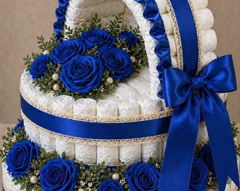 Cuna de lujo con forma de tarta de pañales / Rosas de satén hechas a mano / Regalo para baby shower / Elegante regalo para recién nacido / Cesta de regalo personalizada para bebé