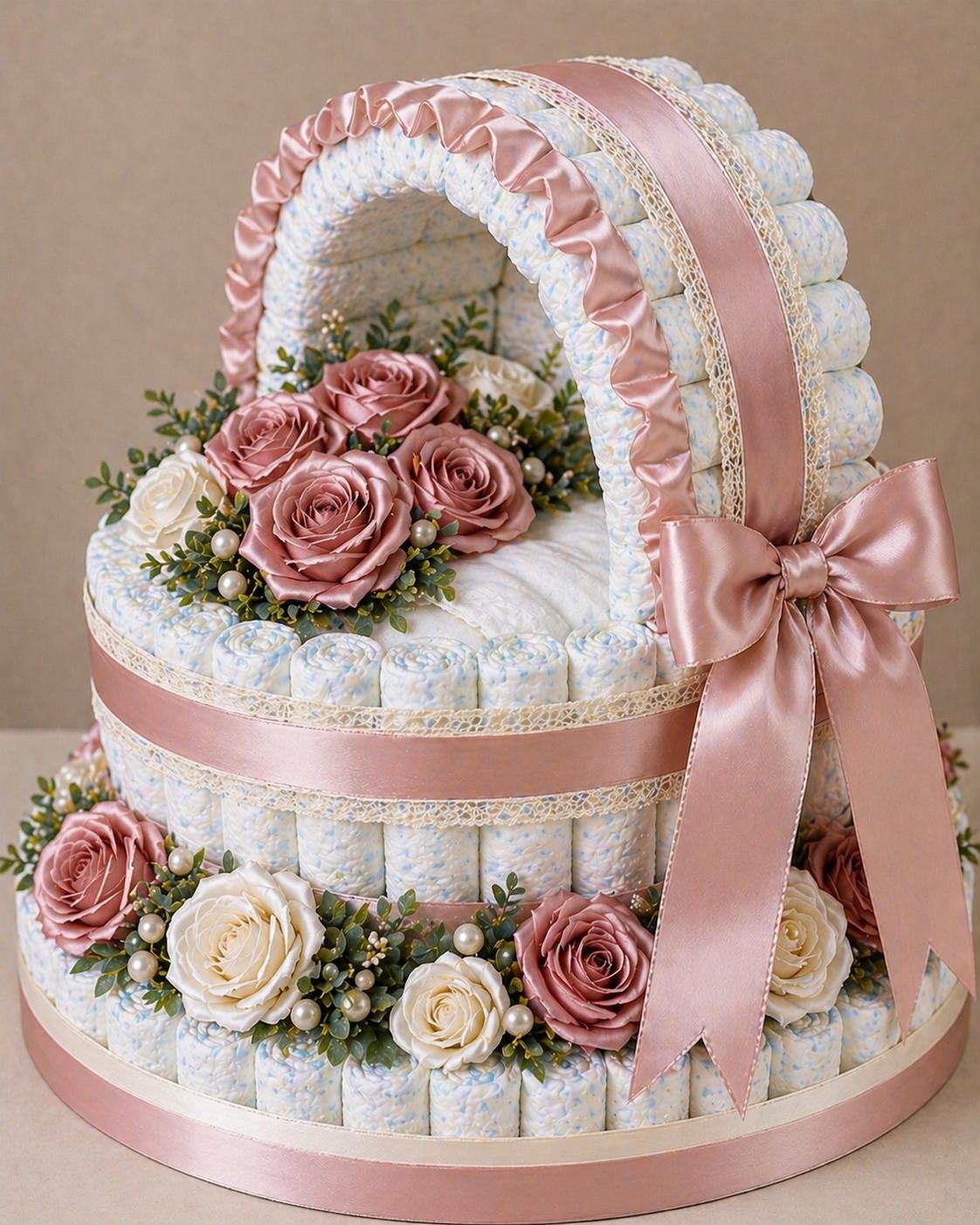 Luxury Diaper Cake Bassinet | Handmade Satin Roses | Baby Shower Gift ...