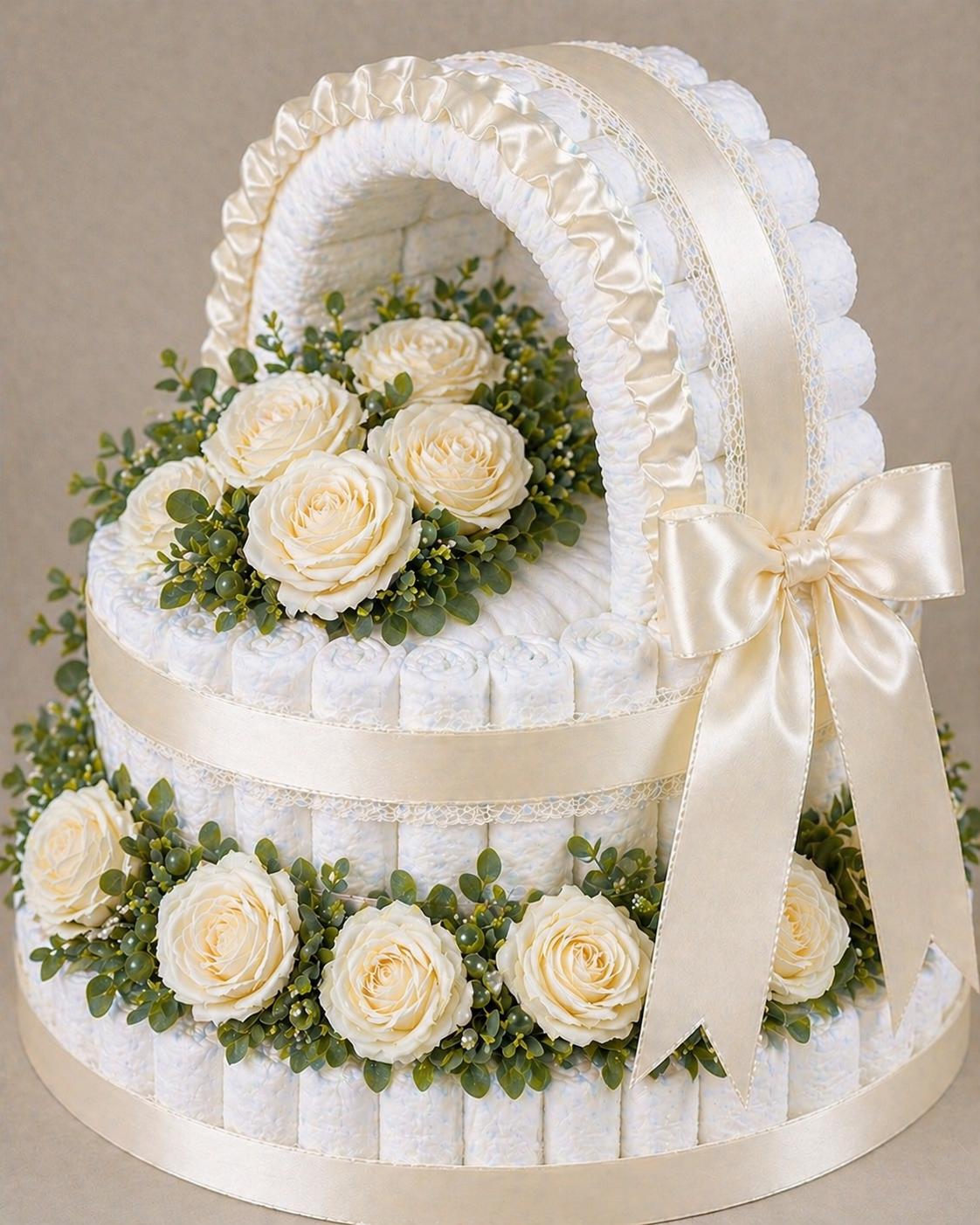 Luxury Diaper Cake Bassinet | Handmade Satin Roses | Baby Shower Gift ...