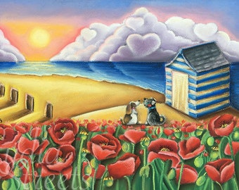 Giclee Soft Pastel Painting, limited edition print. Seaside art by the collectable Lydia Streets. Featuring a dog and beach huts and poppies