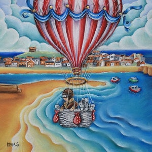 Quality, soft pastel, art print by the collectable Lydia Streets. Featuring a retro air ballon flying over St Ives, Cornwall