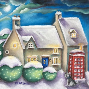 Christmas, soft pastel print by the collectable Lydia Streets. Cotswolds, English cottage, snow scene featuring a miniature schnauzer