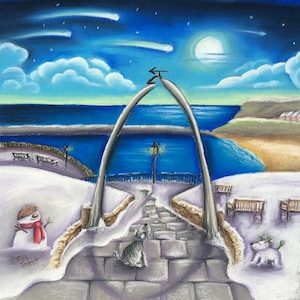 Soft pastel print by the collectable Lydia Streets. Whitby, Yorkshire coast, snow scene featuring a cute dog. Perfect for Christmas
